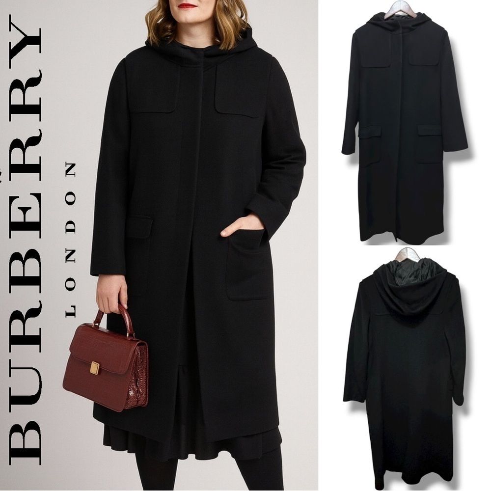 347 Burberry London | NWOT Italy $2900 Black Wool Cashmere Hooded Coat (Size 12) - Picture 1 of 13